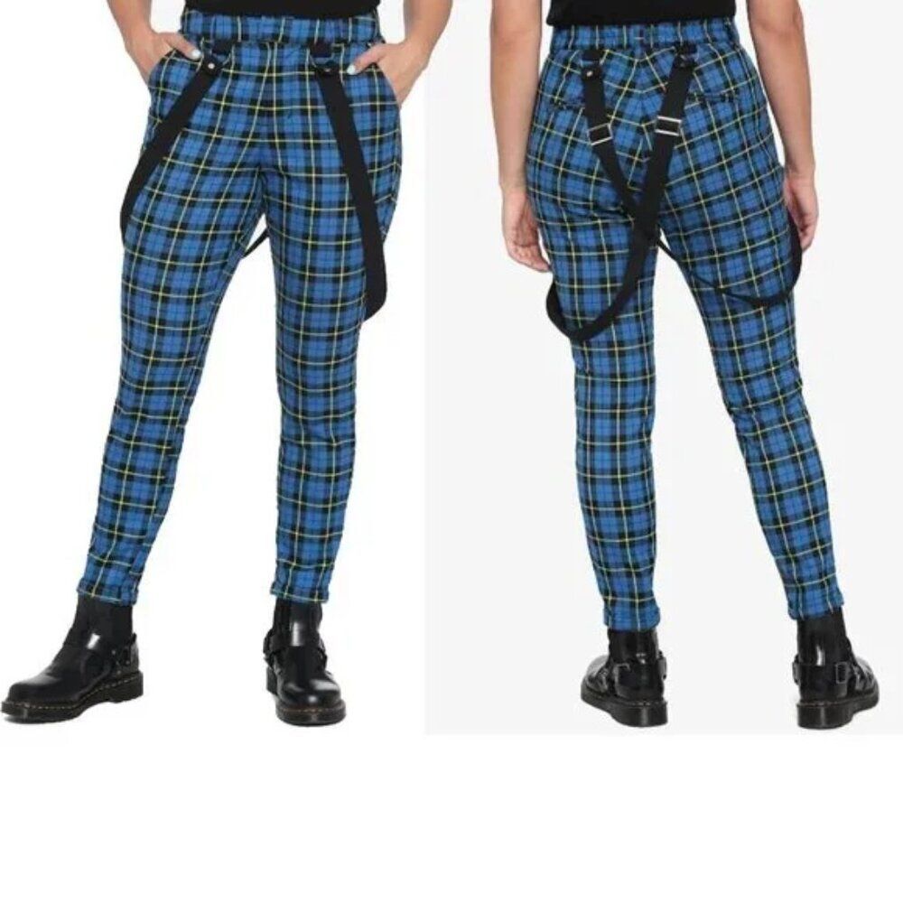 NWOT Hot Topic M Blue Plaid Suspender Pants Trousers Punk Cosplay academia Goth
